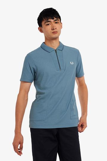 Grey Blue Fred Perry Rib Detail Neck Polo Men's Shirts | PH 1526BEXC